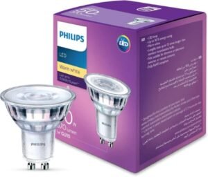 مصباح LED من Philips GU10 بقدرة 5 وات - 50 وات، أبيض دافئ (3000 كلفن)، غير قابل للتعتيم (افضل نوع لمبات ليد)