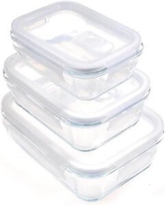 مجموعة علب تخزين زجاجية محكمة الغلق من سكاي تاتش، مكونة من 3 قطع، مزودة بأغطية مانعة للتسرب، وحافظة زجاجية آمنة للاستخدام في الميكروويف - أفضل أنواع علب حفظ الطعام